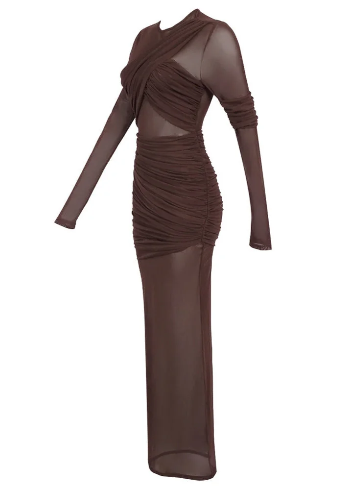 Brown Draped Maxi Dress with Mesh Insert Sleeve