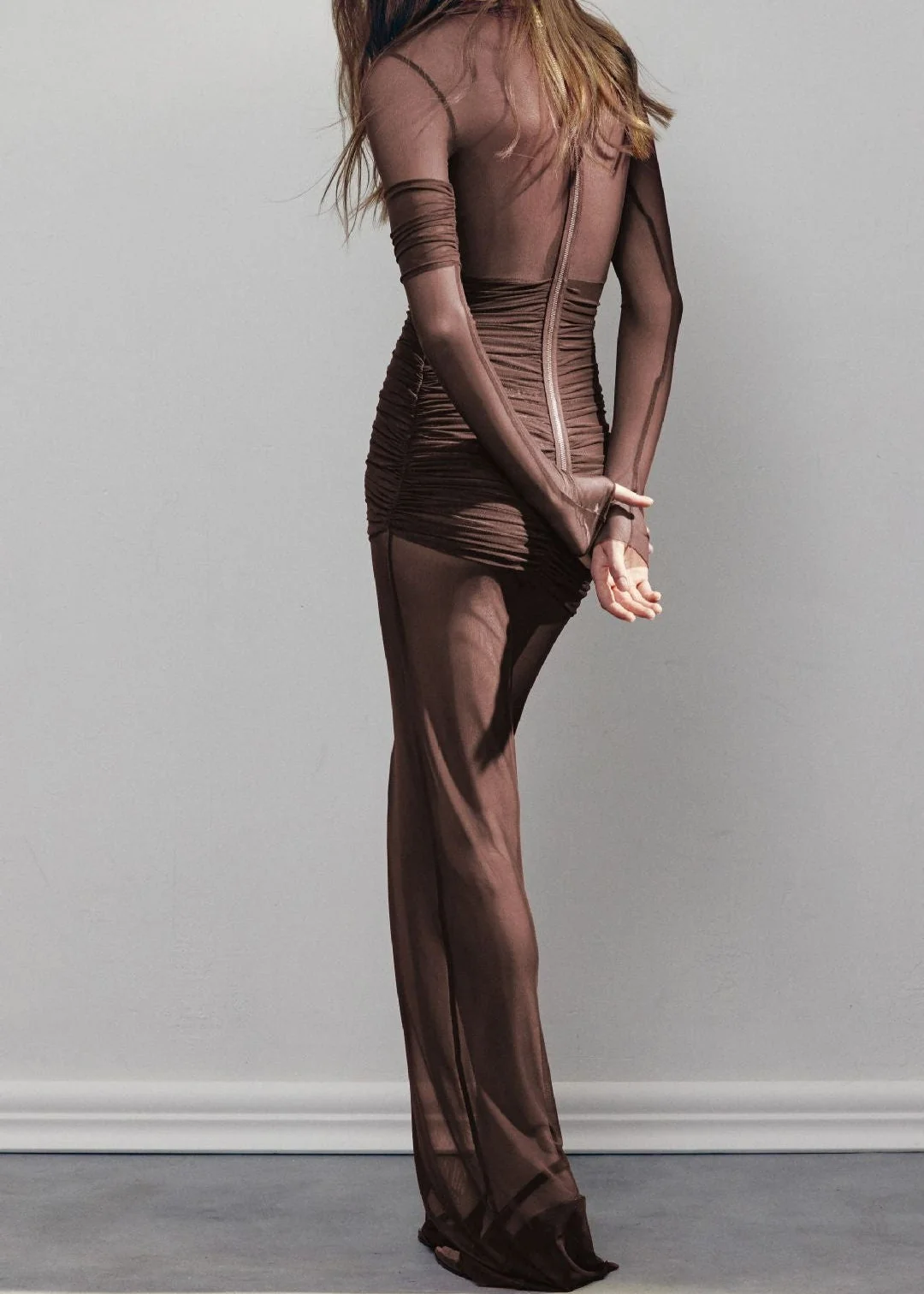 Brown Draped Maxi Dress with Mesh Insert Sleeve